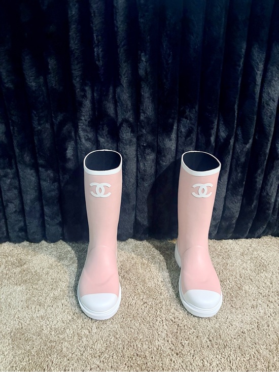 CHANEL Shoes - CHANEL Pink and White Knee-High Rubber Rain Boots - Size 38